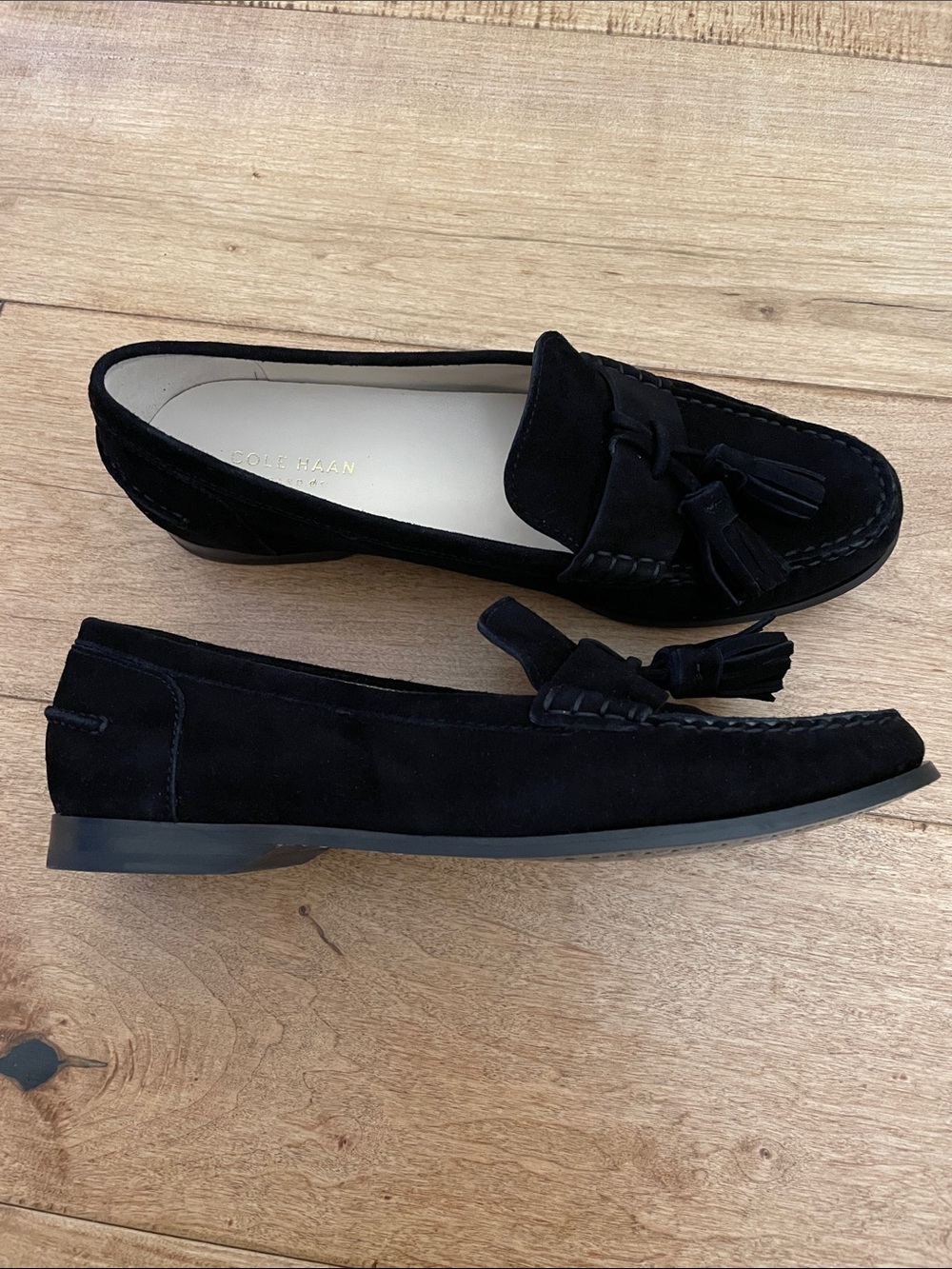 Cole Haan Black Suede Tassel Penny Loafers - Picture 3 of 8